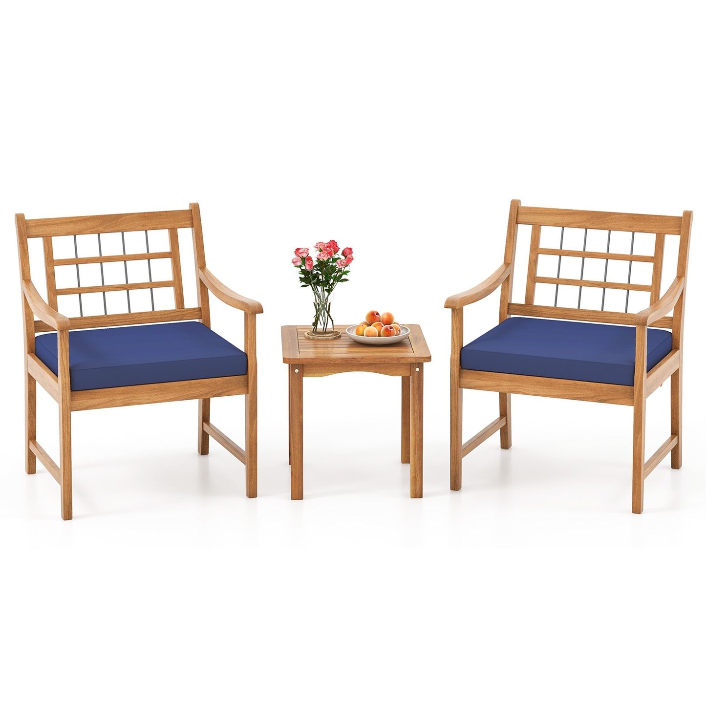 3 Piece Wood Patio Furniture Set with Seat Cushions and Acacia Wood Frame-Gray