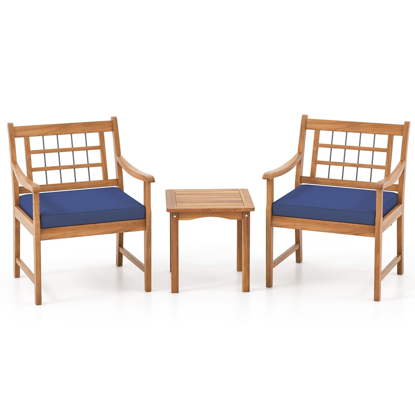 3 Piece Wood Patio Furniture Set with Seat Cushions and Acacia Wood Frame-Gray