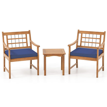 3 Piece Wood Patio Furniture Set with Seat Cushions and Acacia Wood Frame-Gray