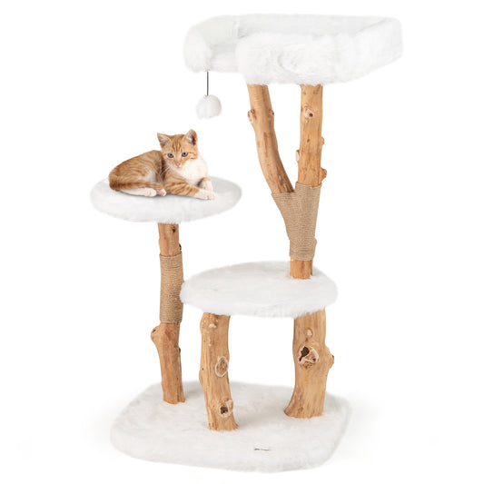 White 44-inch solid wood cat tree with perch and natural jute scratching posts, ideal for cats to climb, scratch, and rest.