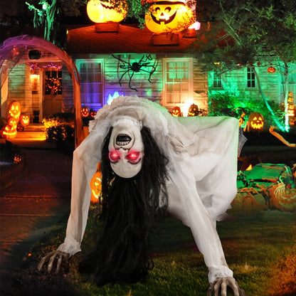 Creepy Halloween animatronic crawling woman ghost with LED eyes and vocal trigger, spooky holiday decor from Wilsons Home Store