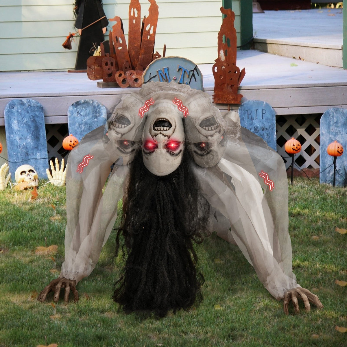 Crawling woman ghost Halloween animatronic with LED eyes and voice trigger, spooky holiday decor by Wilsons Home Store