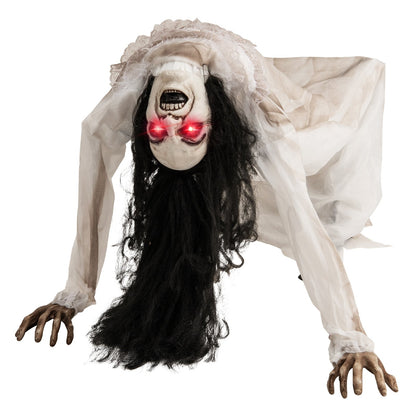Halloween animatronic crawling woman ghost with LED eyes and voice-activated features for spooky holiday decor.