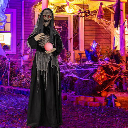 6ft Halloween animatronic witch with light-up eyes and magical ball, standing for spooky holiday decor by Wilsons Home Store