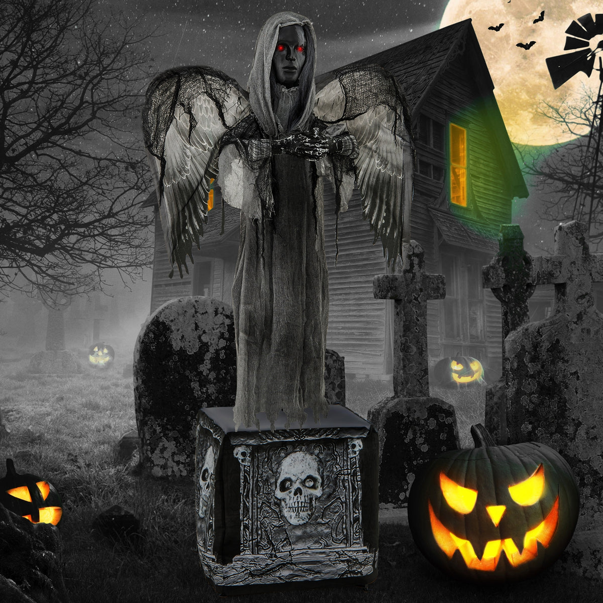 5.5ft Halloween animatronic decoration with light-up eyes and shaking wings, perfect for spooky holiday decor.