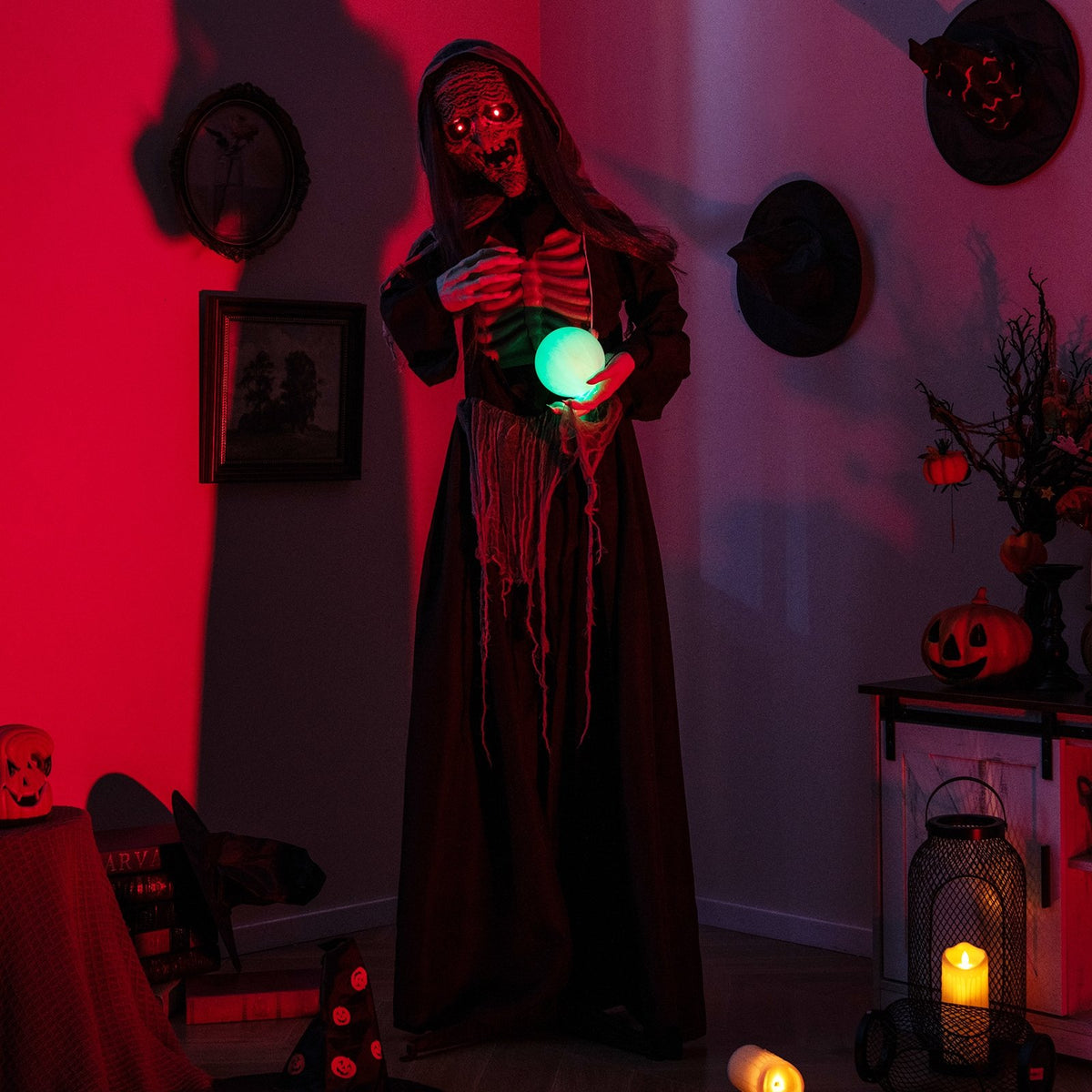 6ft Halloween animatronic witch with light-up eyes and magical ball, standing holiday decor by Wilsons Home Store