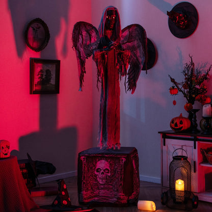 5.5ft Halloween animatronic decoration with light-up eyes and shaking wings, perfect for spooky holiday Halloween decor.