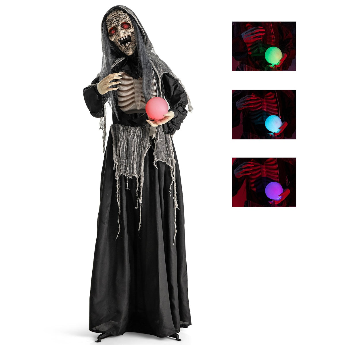 6ft Halloween animatronic witch with glowing eyes and a magical ball, standing as a spooky holiday decoration.