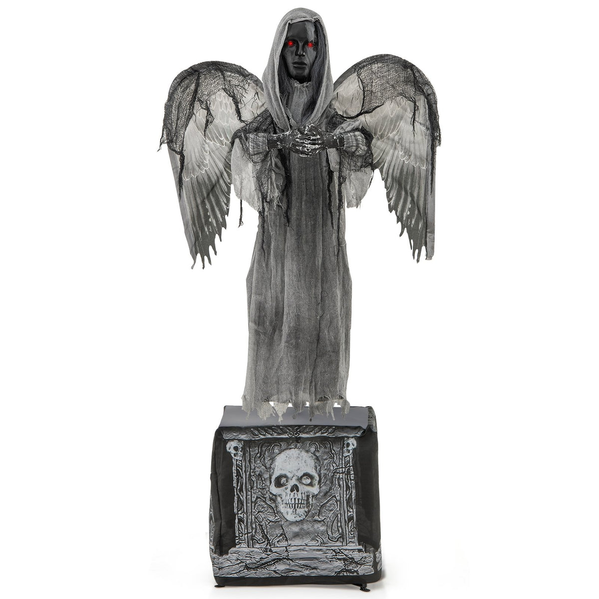 5.5ft Halloween animatronic decoration with light-up eyes and shaking wings, perfect for spooky holiday decor.