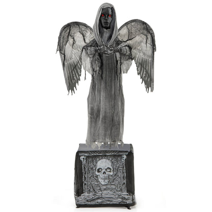5.5ft Halloween animatronic decoration with light-up eyes and shaking wings, perfect for spooky holiday decor.