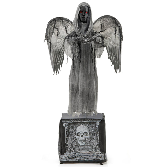 5.5ft Halloween animatronic decoration with light-up eyes and shaking wings, perfect for spooky holiday decor.