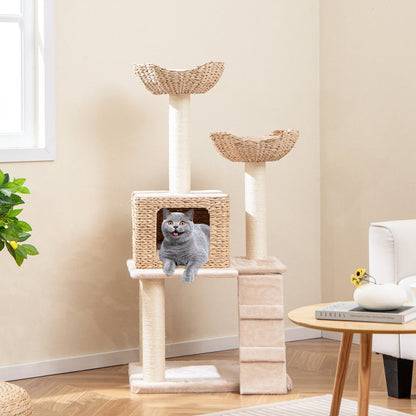 48 Inch Cattail Cat Tower with Sisal Scratching Posts Perch and Condo-Beige