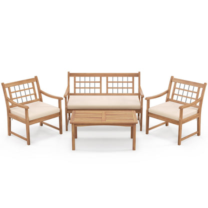 4 Piece Wood Patio Furniture with Armchairs Loveseat and Coffee Table-Gray
