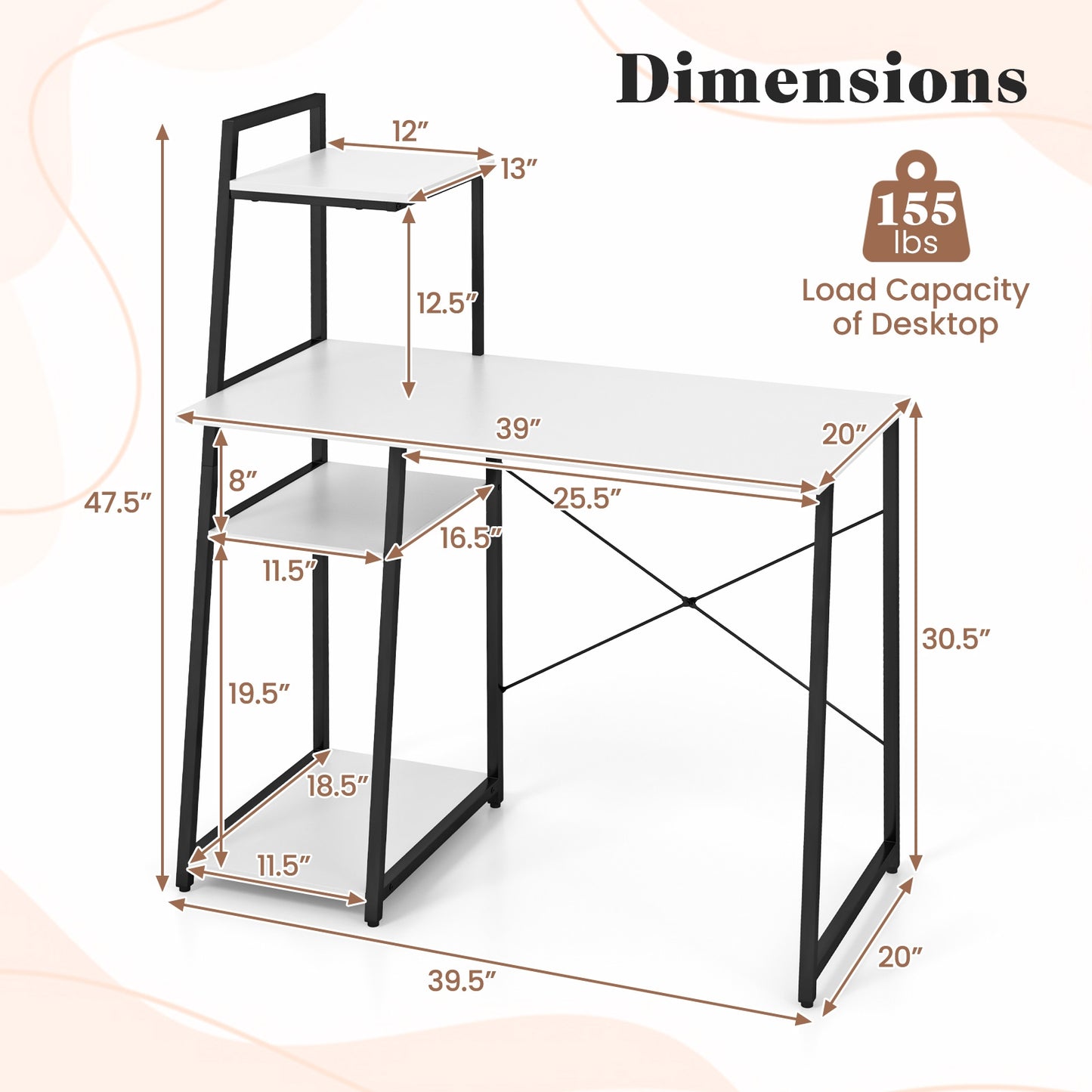 Compact Computer Desk Workstation with 4 Tier Shelves for Home and Office-White