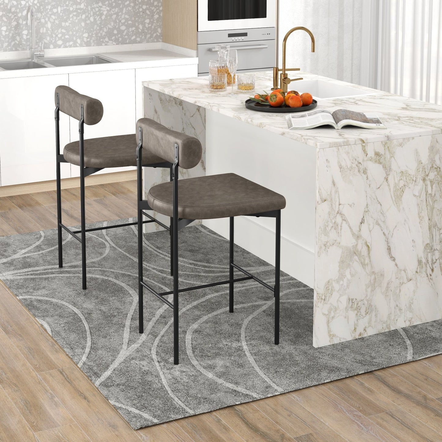 20 Inch Upholstered Bar Stools Set of 2 Counter Height Bar Chairs with  Backrest-Brown