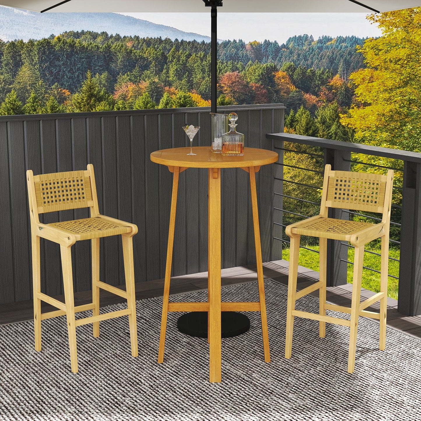 Patio Teak Wood Bar Stool with Rattan Backrest and Seat