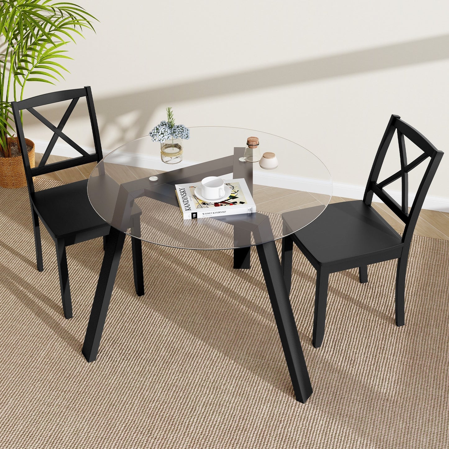 35.5 Inches Round Glass Dining Table for 4 with Rubber Wood Frame-Black