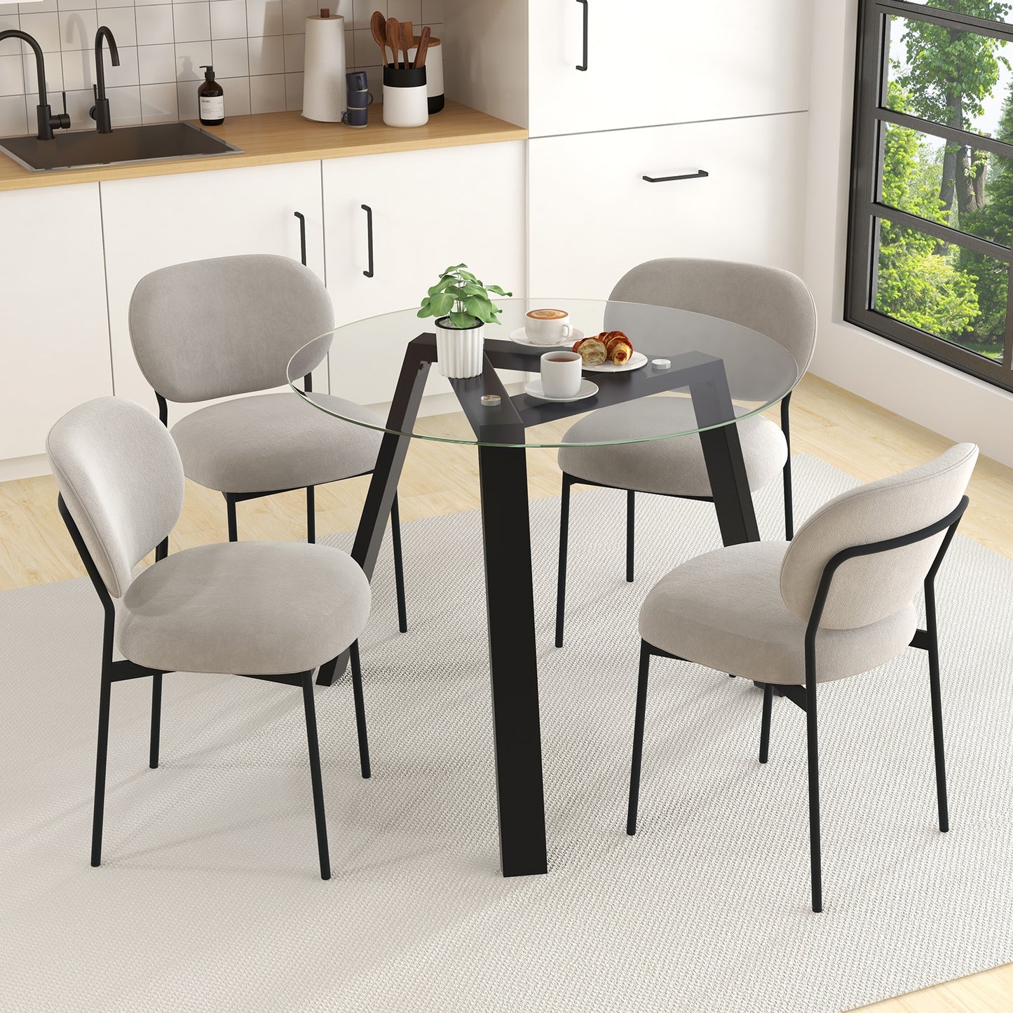 35.5 Inches Round Glass Dining Table for 4 with Rubber Wood Frame-Black