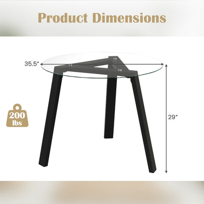 35.5 Inches Round Glass Dining Table for 4 with Rubber Wood Frame-Black