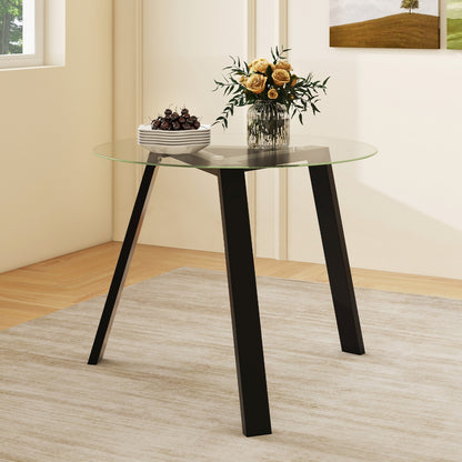 35.5 Inches Round Glass Dining Table for 4 with Rubber Wood Frame-Black