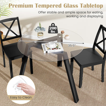 35.5 Inches Round Glass Dining Table for 4 with Rubber Wood Frame-Black