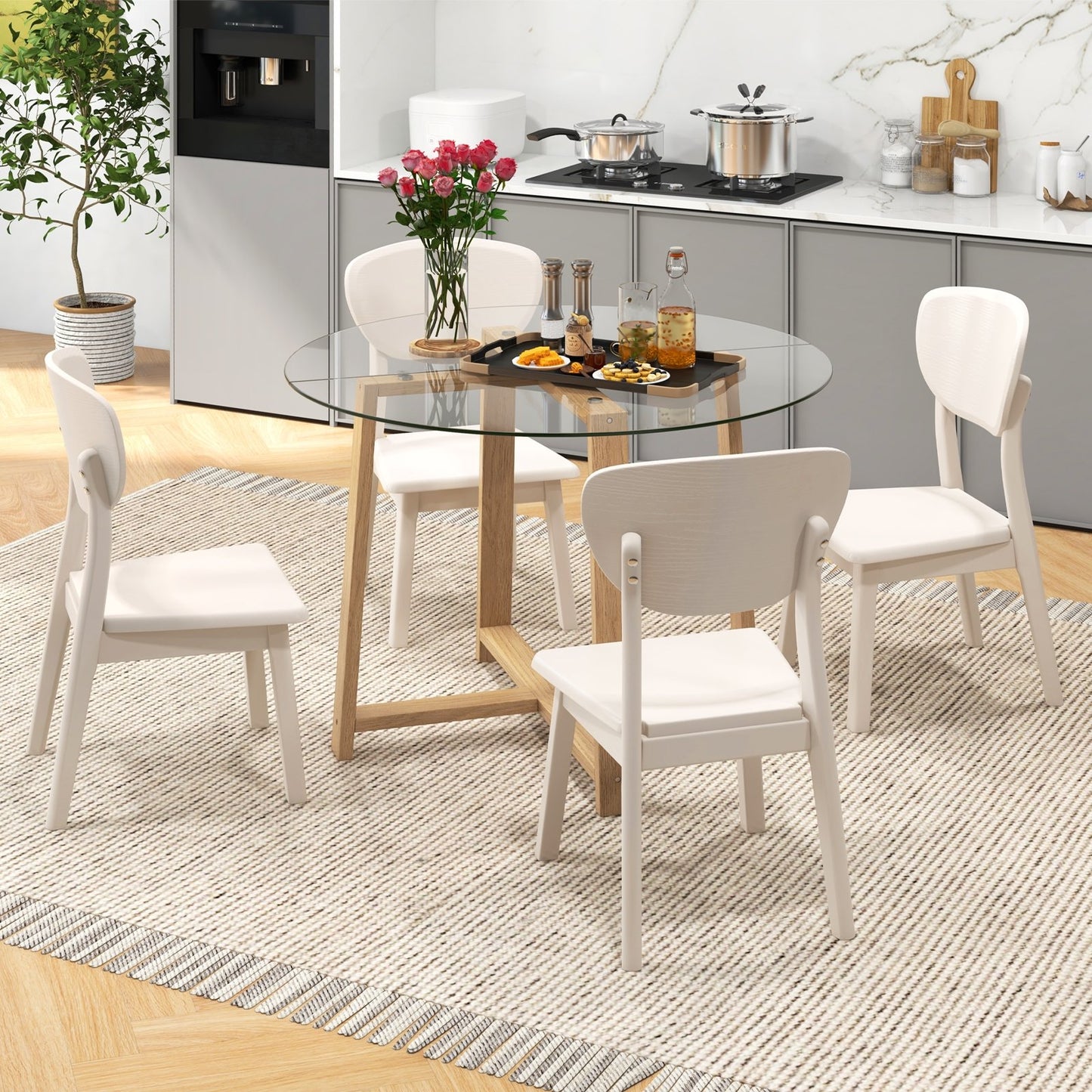 42 Inches Round Glass Dining Table with Tempered Glass Tabletop and Rubber Wood Legs-Natural