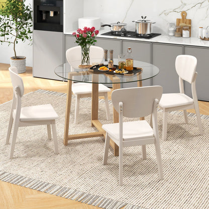 42 Inches Round Glass Dining Table with Tempered Glass Tabletop and Rubber Wood Legs-Natural