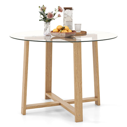 42 Inches Round Glass Dining Table with Tempered Glass Tabletop and Rubber Wood Legs-Natural