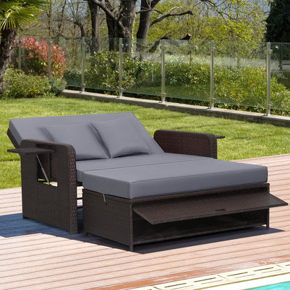Patio Rattan Daybed with 4-Level Adjustable Backrest and Retractable Side Tray-Black