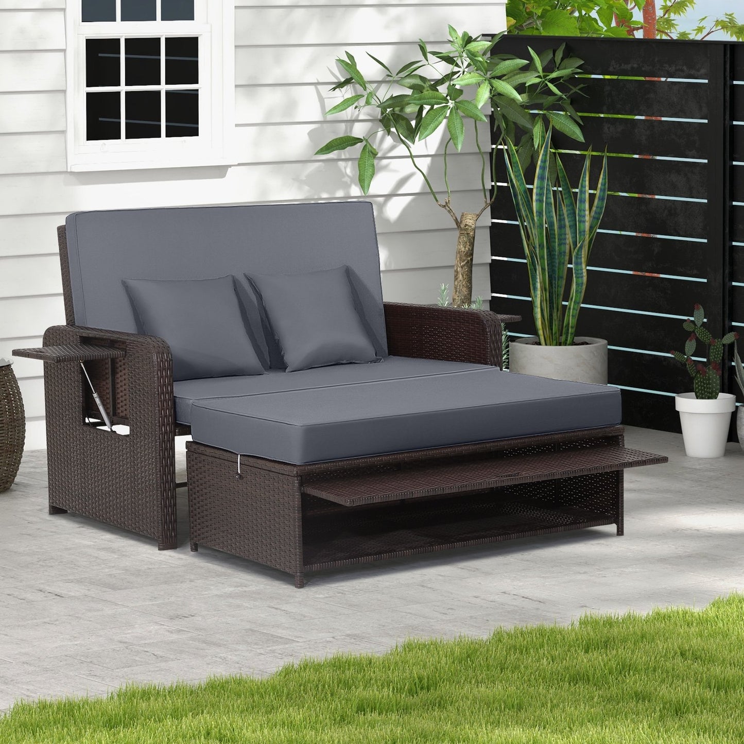 Patio Rattan Daybed with 4-Level Adjustable Backrest and Retractable Side Tray-Black
