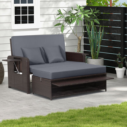 Patio Rattan Daybed with 4-Level Adjustable Backrest and Retractable Side Tray-Black