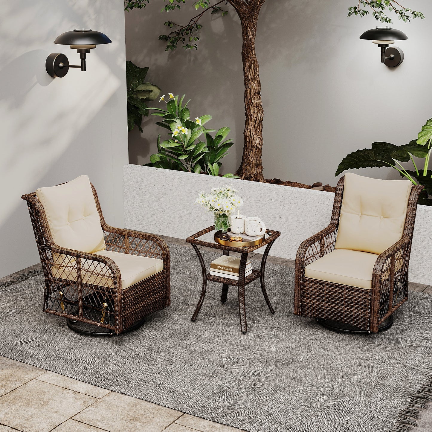 3 Pieces Patio Furniture Set PE Wicker Swivel Glider Chairs with 2-Tier Side Table and Cushions-Black