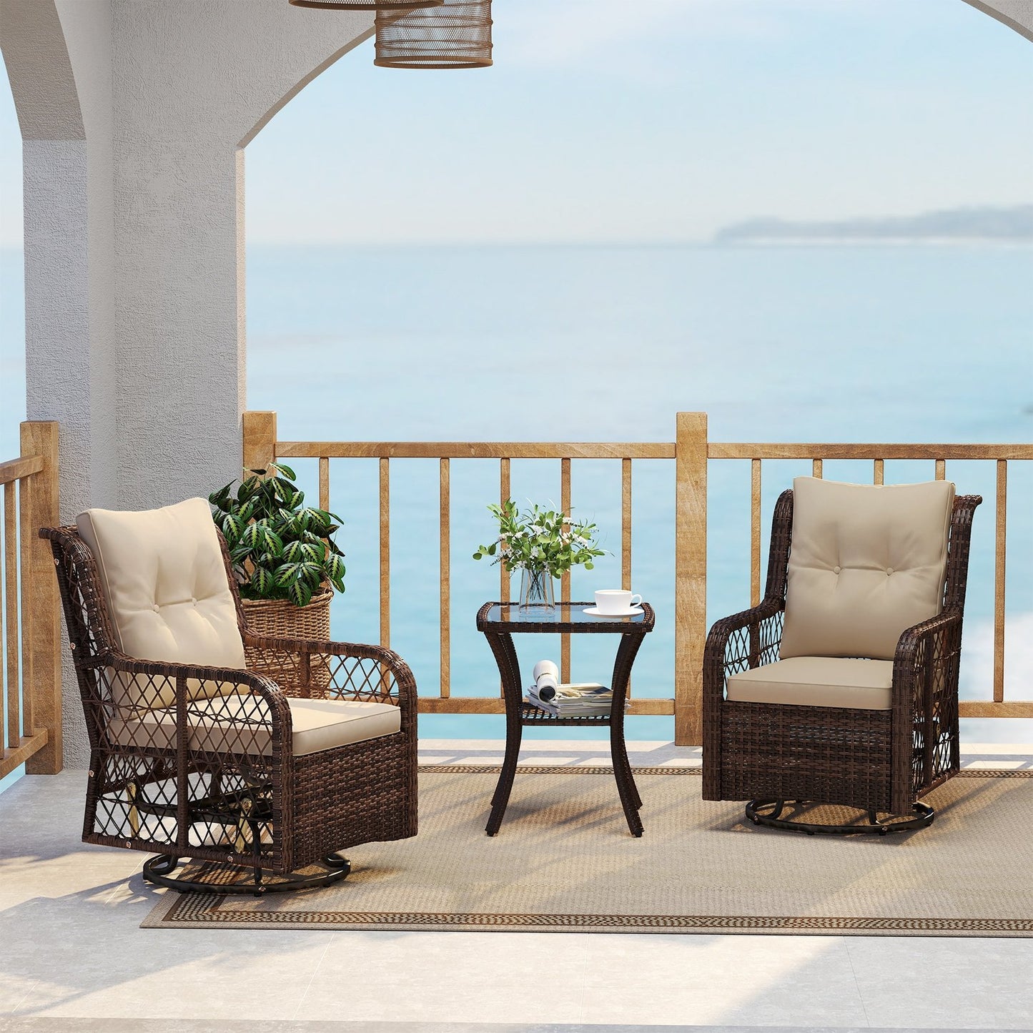 3 Pieces Patio Furniture Set PE Wicker Swivel Glider Chairs with 2-Tier Side Table and Cushions-Black