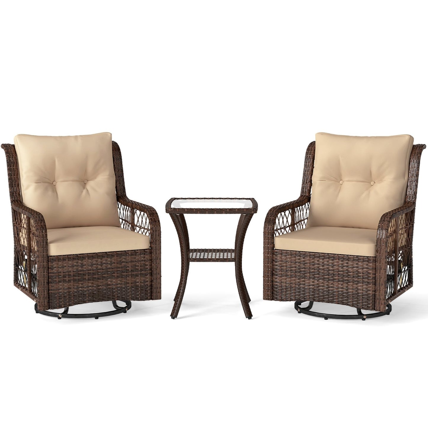 3 Pieces Patio Furniture Set PE Wicker Swivel Glider Chairs with 2-Tier Side Table and Cushions-Black