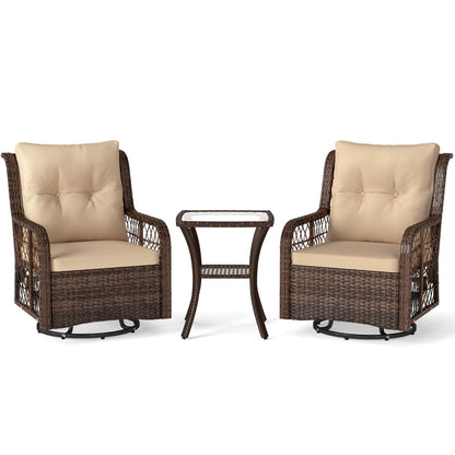3 Pieces Patio Furniture Set PE Wicker Swivel Glider Chairs with 2-Tier Side Table and Cushions-Black