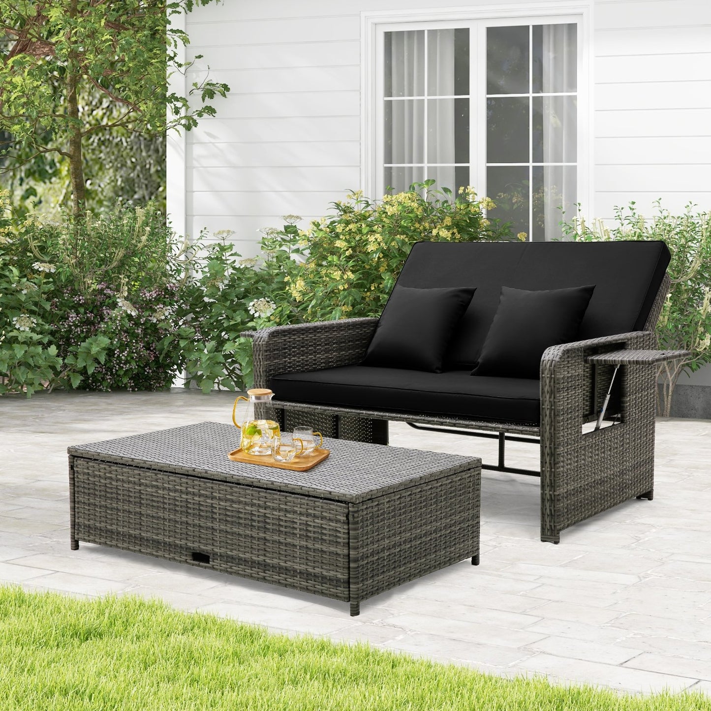 Patio Wicker Loveseat Sofa with Multipurpose Ottoman and Retractable Side Tray-Beige