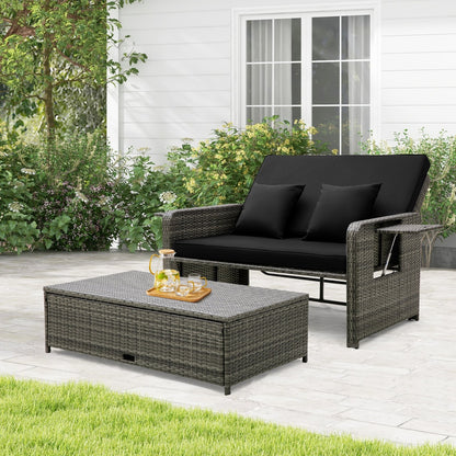 Patio Wicker Loveseat Sofa with Multipurpose Ottoman and Retractable Side Tray-Beige