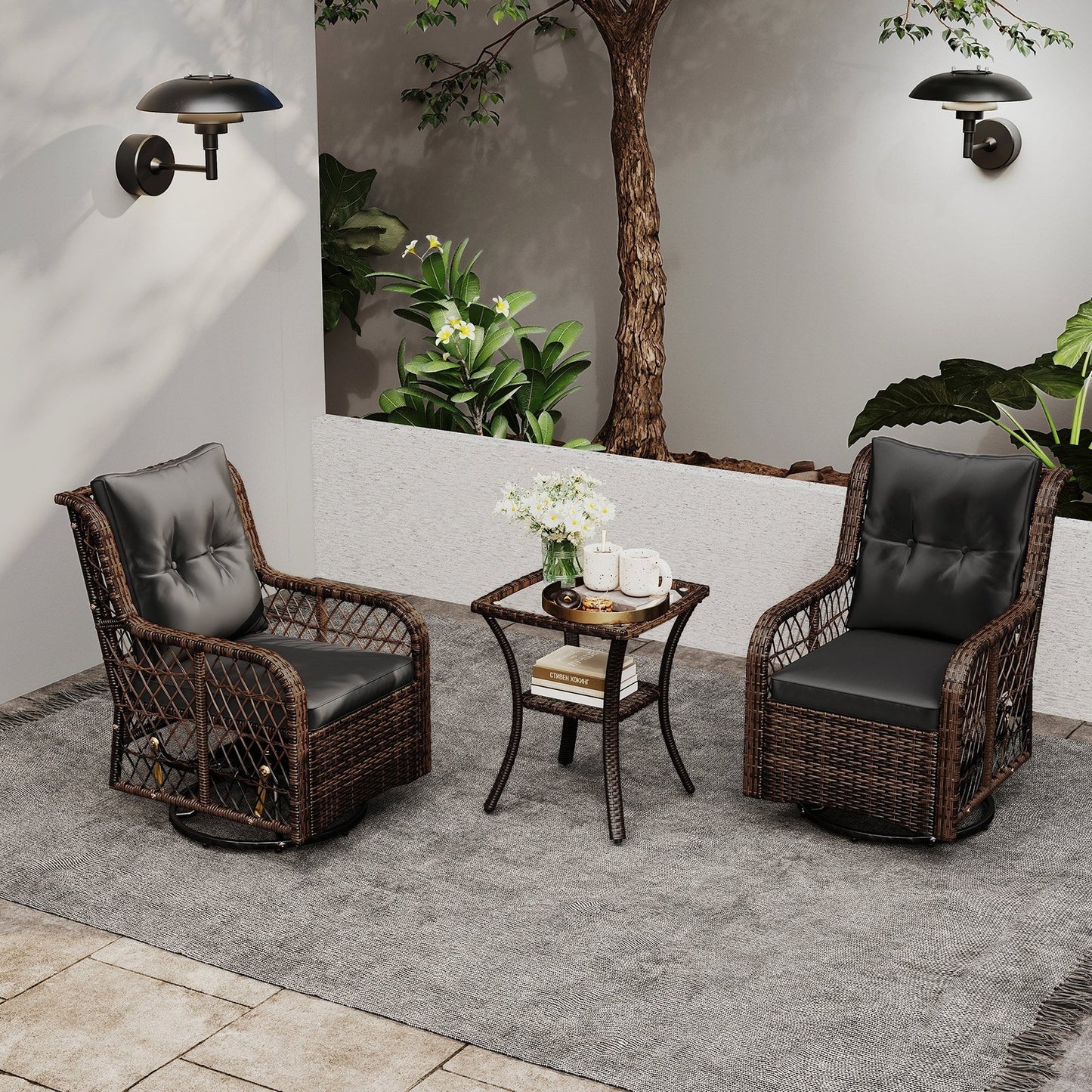 3 Pieces Patio Furniture Set PE Wicker Swivel Glider Chairs with 2-Tier Side Table and Cushions-Black