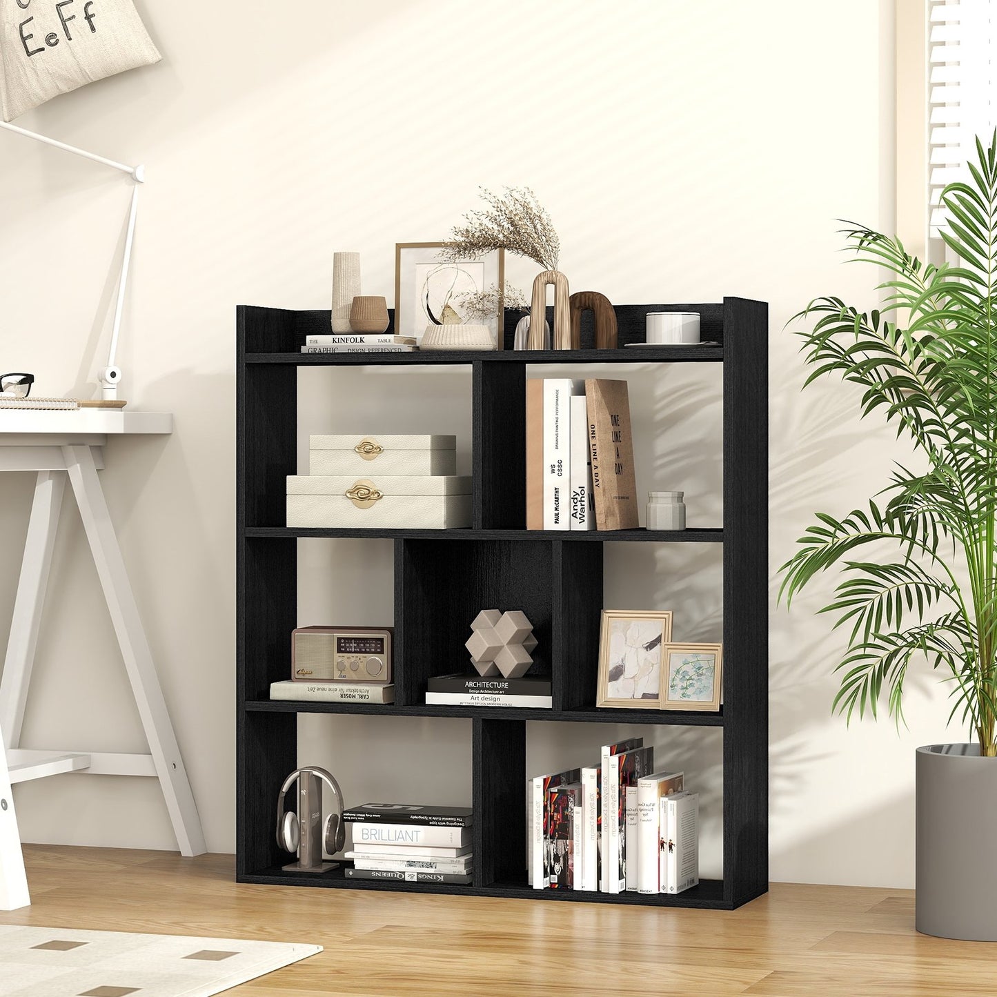 7 Cubes Open-back Bookshelf with Anti-Toppling Devices-Black
