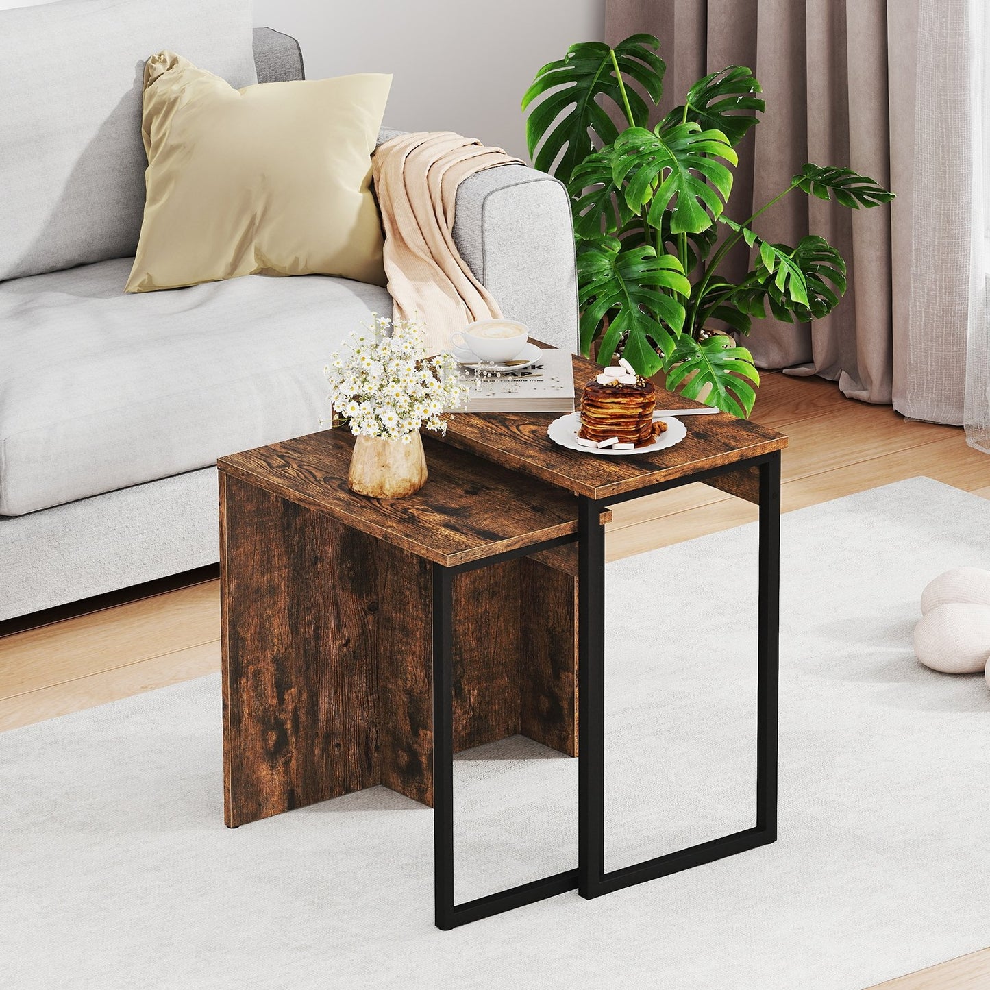 2-in-1 Nesting Coffee Table Set of 2 for Living Room and Bedroom-Rustic Brown