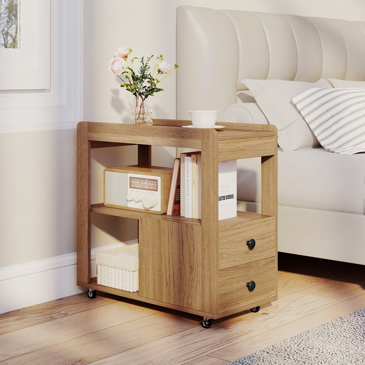 2-Drawer Sofa Side Table with Shelves for Living Room-Black