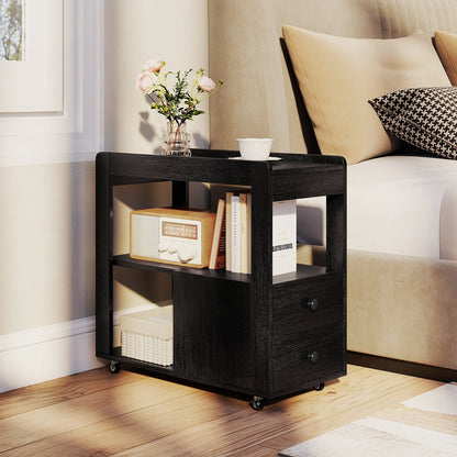 2-Drawer Sofa Side Table with Shelves for Living Room-Black
