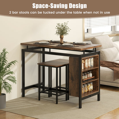 3 Pieces Dining Table Set with 3-Tier Storage Shelf and Metal Frame-Brown
