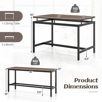 3 Pieces Dining Table Set with Wooden Kitchen Table and 2 Benches-Brown