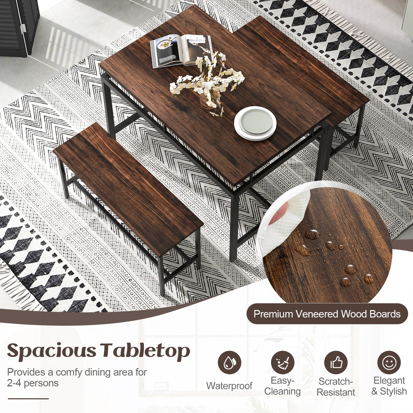 3 Pieces Dining Table Set with Wooden Kitchen Table and 2 Benches-Brown