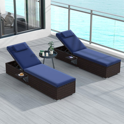 Outdoor PE RattanChaise Lounge with 6-level Backrest-Navy