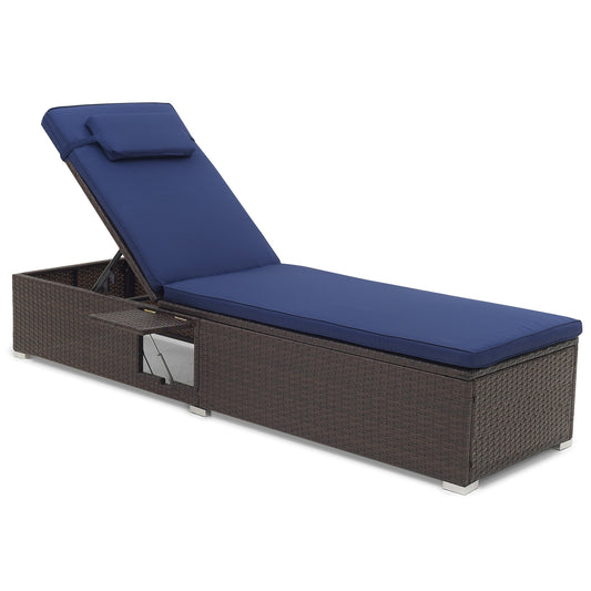 Outdoor PE RattanChaise Lounge with 6-level Backrest-Navy