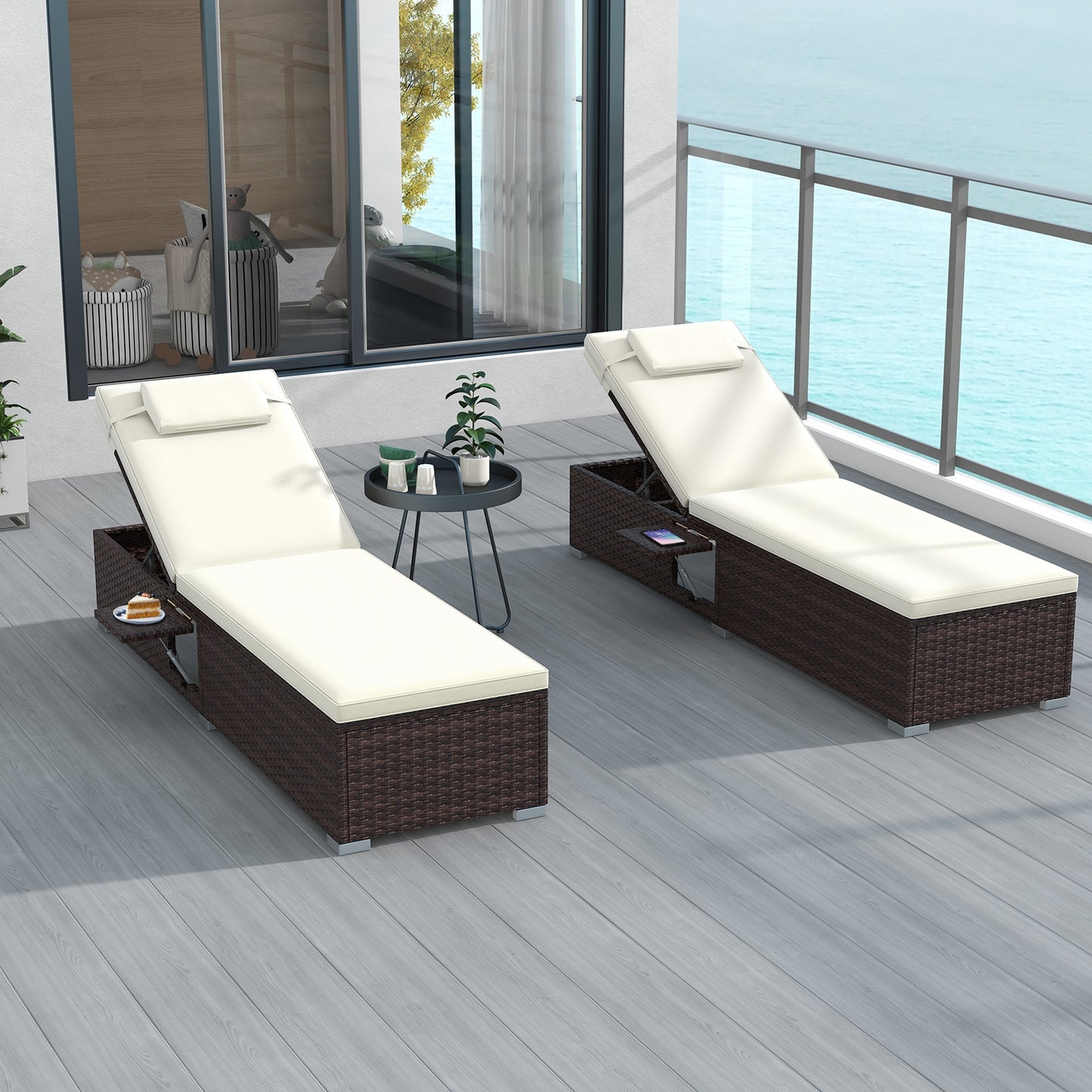 Outdoor PE RattanChaise Lounge with 6-level Backrest-Off White