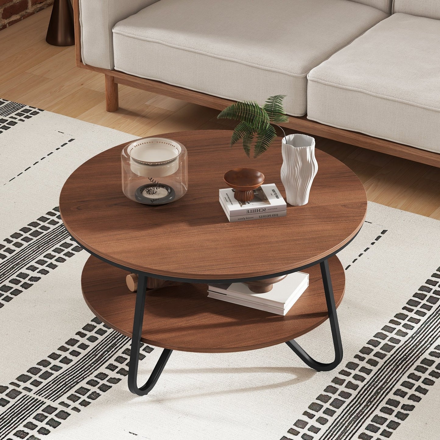 33.5" Round Coffee Table with Wood Grain Finish and Heavy-duty Metal Frame-Walnut