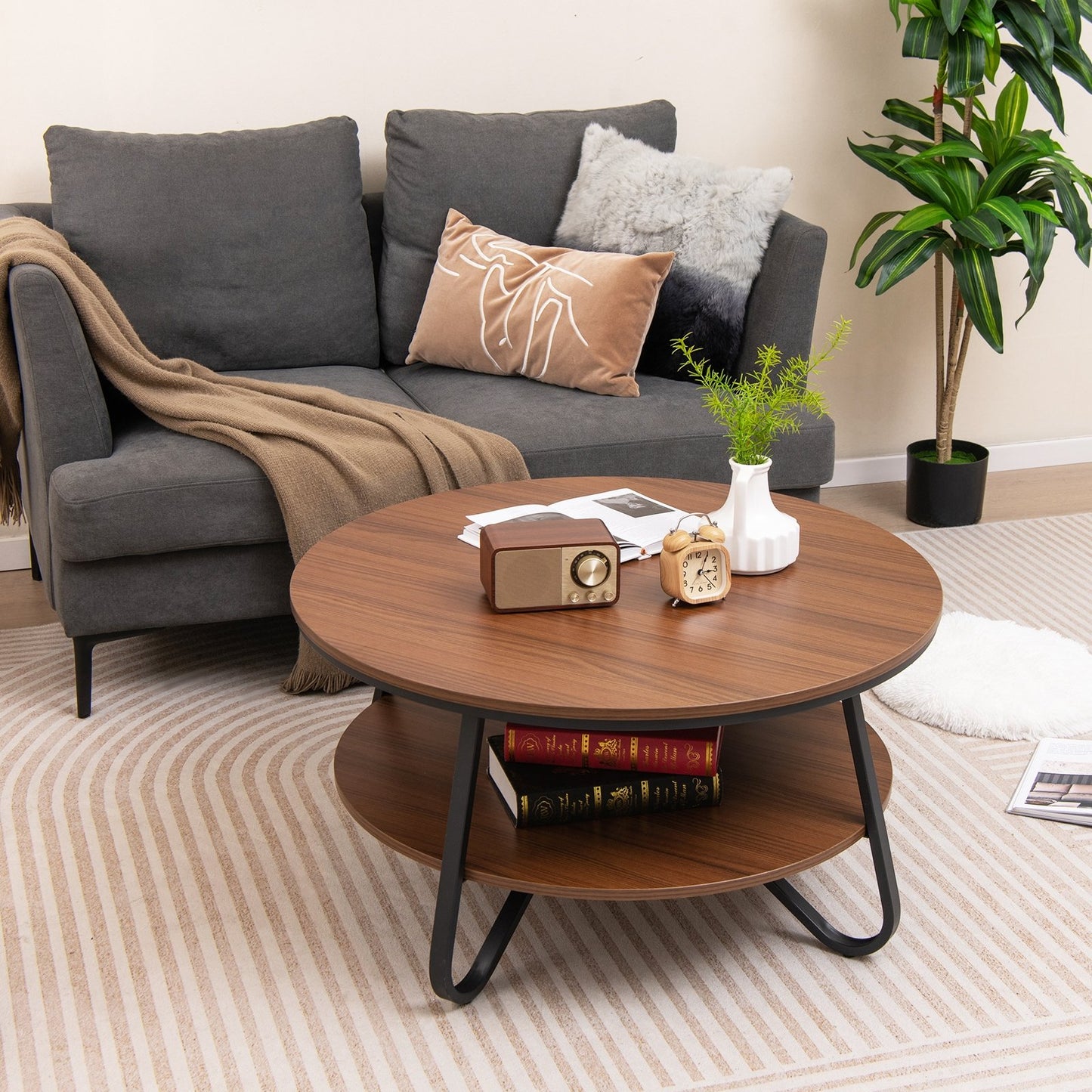 33.5" Round Coffee Table with Wood Grain Finish and Heavy-duty Metal Frame-Walnut